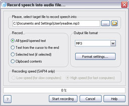 Recording speech into audio file window