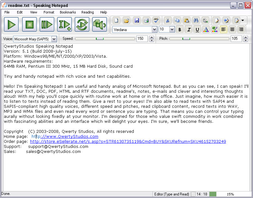 Screenshot of Speaking Notepad 3.5